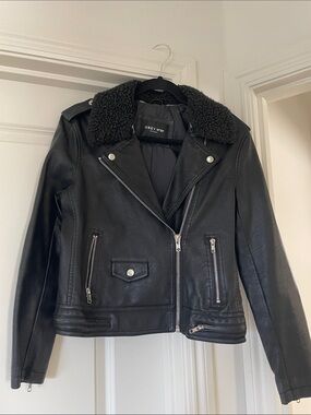 Obey Black Faux Leather Moto Jacket with Sherpa Collar